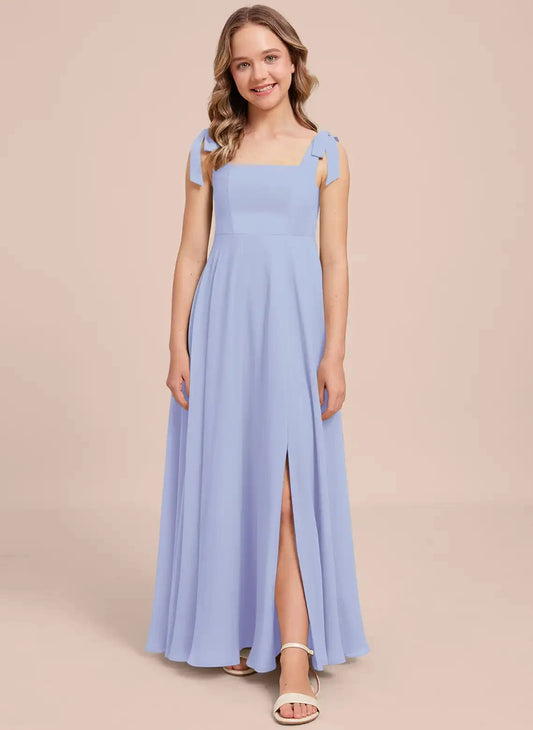 Flowy A-Line Square Neck Tie Strap Square Back Maxi Junior Bridesmaid Dress
