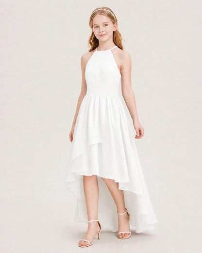 Elegant A-Line Halter Sleeveless Tie-Back High-Low Junior Bridesmaid Dress
