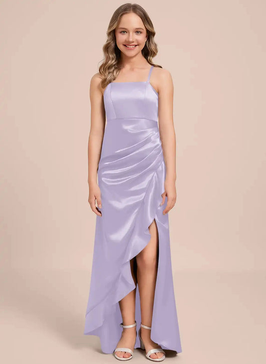 Satin Mermaid Square Neck Spaghetti Strap Cross Back Floor Length Junior Bridesmaid Dress