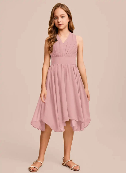 Elegant A-Line V Neck Sleeveless Halter Back Hi-Low Junior Bridesmaid Dress