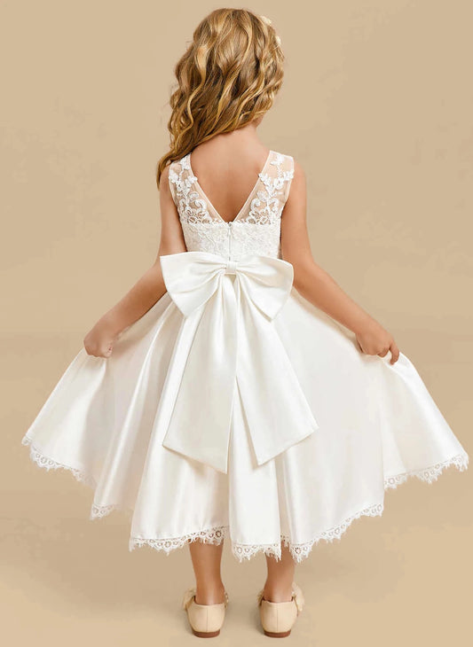 White Elegant A Line Round Neck Sleeveless V Back Midi First Communion Dress