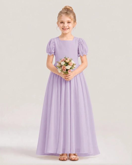 Elegant A-Line Square Neck Puff Sleeve Bow Back Floor-Length Flower Girl Dress