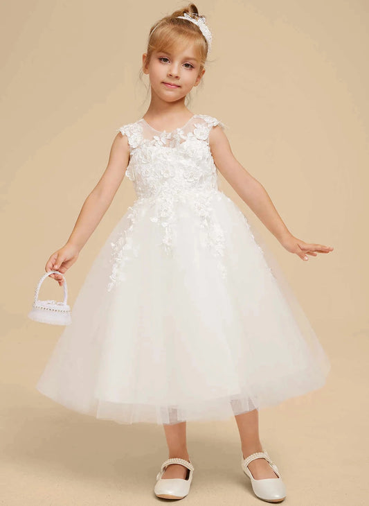 White A Line Illusion Neck Sleeveless V Back Midi First Communion Dress