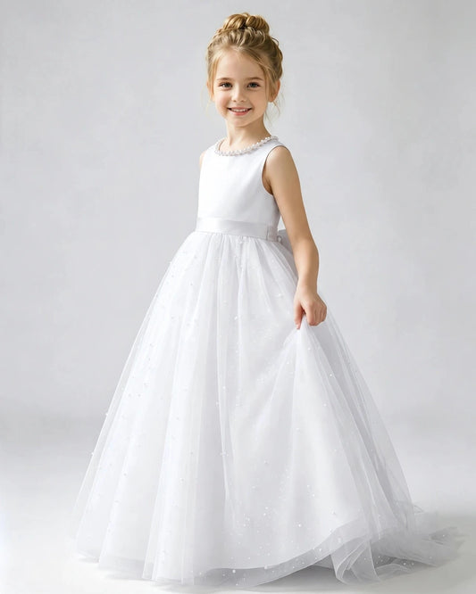 Elegant A-Line Round Neck Sleeveless V-Back Bow Floor-Length Flower Girl Dress