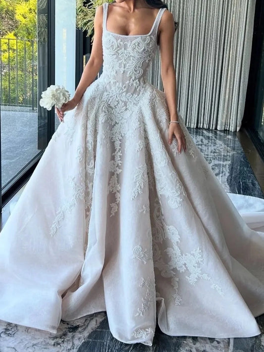 Romantic Ball Gown Square Neck Sleeveless Structured Back Floor Length Wedding Dress