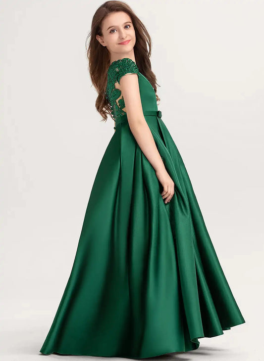 Elegant A Line Bateau Cap Sleeve Lace Back Floor Length First Communion Dress