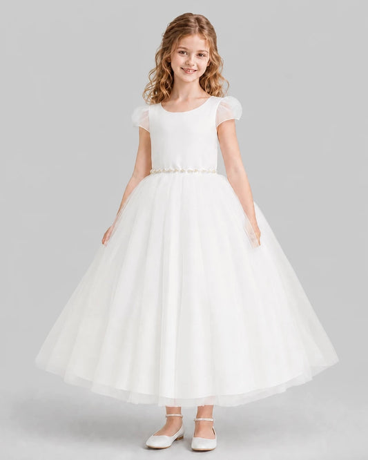 Elegant A-Line Round Neck Puff Sleeve Bow Back Tea-Length Flower Girl Dress