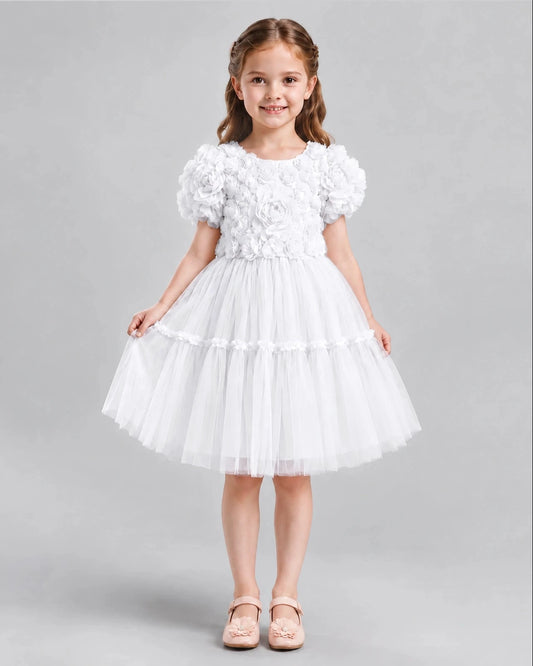 Elegant A-Line Round Neck Puff Sleeve Bow Back Knee-Length Flower Girl Dress