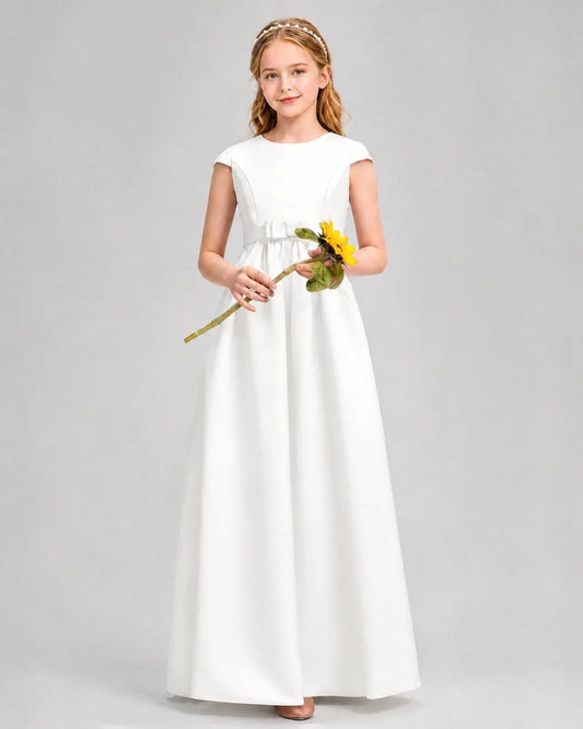 Elegant A Line Round Neck Cap Sleeve V Back Floor Length Flower Girl Dress