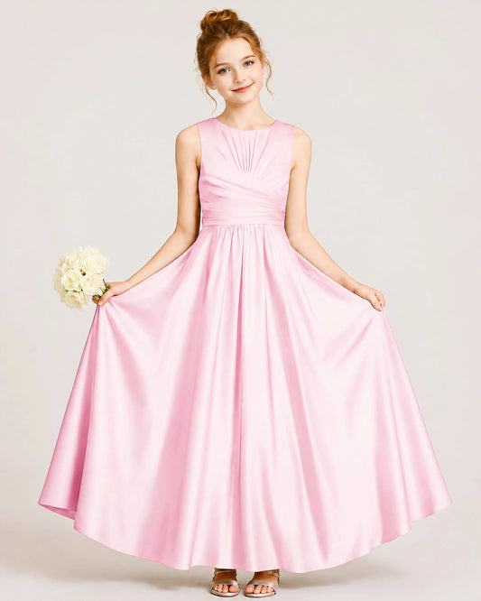 Elegant A Line Round Neck Sleeveless Zipper Back Maxi Flower Girl Dress