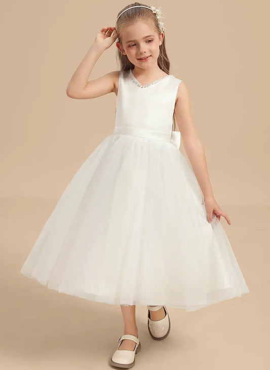 Elegant A Line V Neck Sleeveless Open Back Midi First Communion Dress