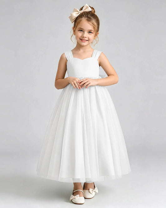 Elegant A-Line Sweetheart Sleeveless Bow Back Tea-Length Flower Girl Dress