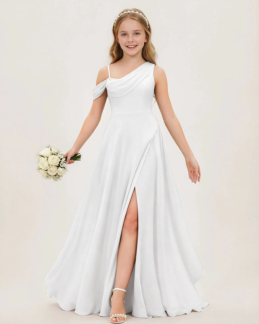 Elegant A-Line One-Shoulder Sleeveless Zipper-Back Floor-Length Junior Bridesmaid Dress