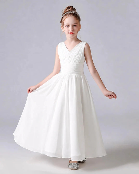 Elegant A-Line V-Neck Sleeveless Bow-Back Floor-Length Junior Bridesmaid Dress