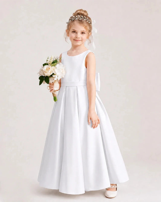 Elegant A-Line Round Neck Sleeveless Bow Back Ankle-Length Flower Girl Dress