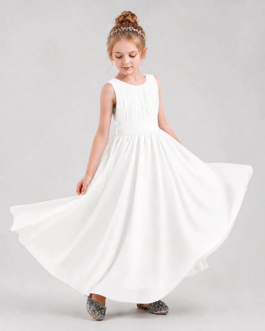Elegant A-Line Round Neck Sleeveless Bow Back Maxi Flower Girl Dress