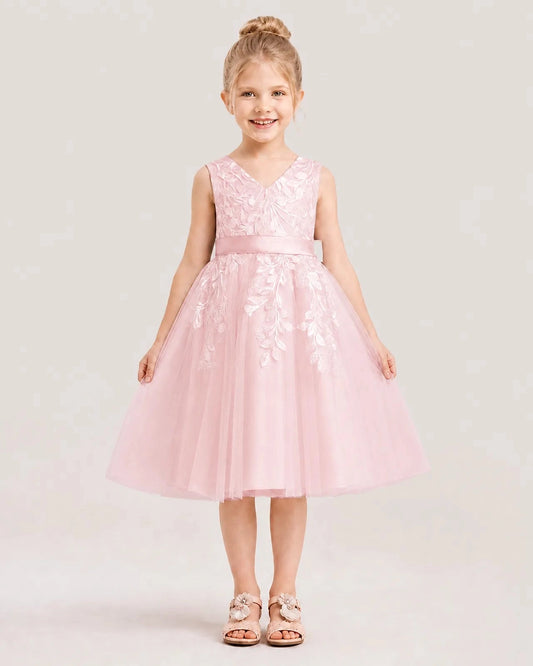 Elegant A-Line V-Neck Sleeveless Bow-Back Knee-Length Flower Girl Dress