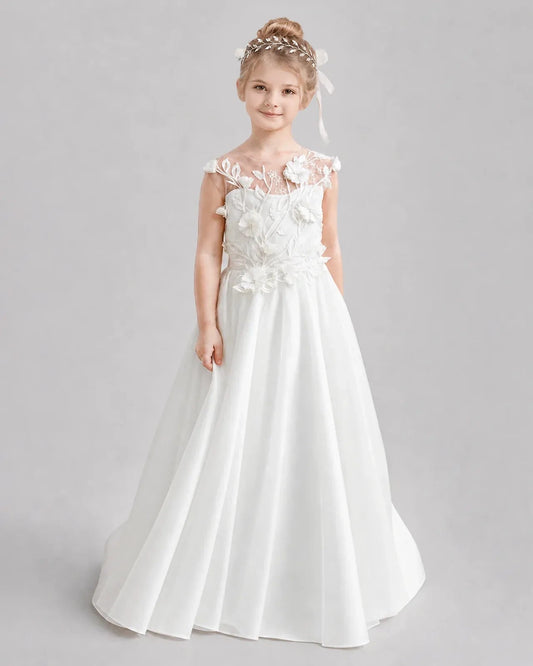 Elegant A-Line Illusion Neck Sleeveless Bow Back Floor-Length Flower Girl Dress