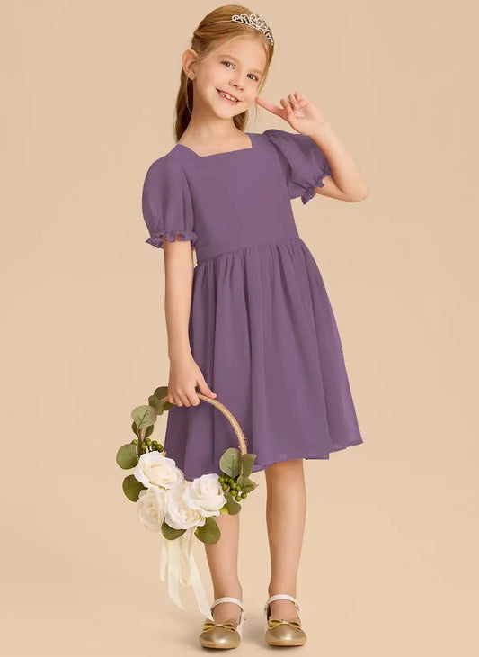 Soft A Line Square Neck Puff Sleeve Bow Back Knee Length First Communion Dress