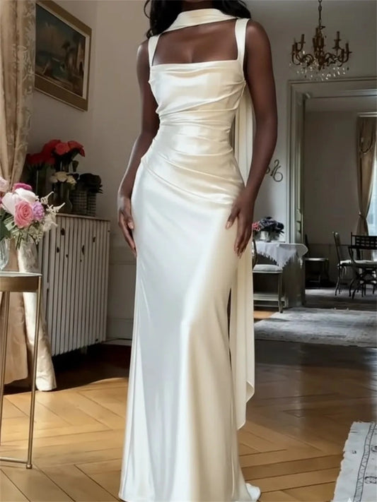 Elegant Sheath Square Neck Sleeveless Clean Back Floor Length Wedding Dress