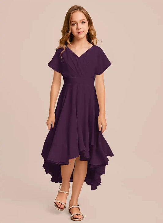 Elegant A-Line V Neck Flutter Sleeve Zipper Back Hi-Lo Junior Bridesmaid Dress