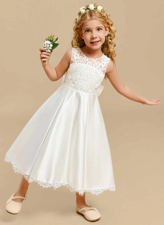 White Elegant A Line Round Neck Sleeveless V Back Midi First Communion Dress