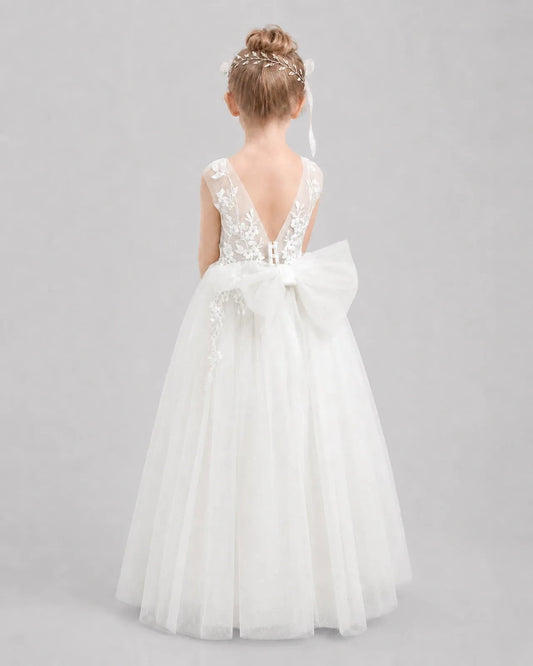 Elegant A-Line Illusion Neck Sleeveless V-Back Floor-Length Flower Girl Dress
