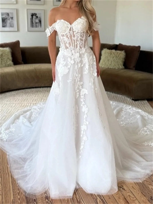 Romantic A-Line Sweetheart Off-Shoulder Corset Back Floor-Length Wedding Dress