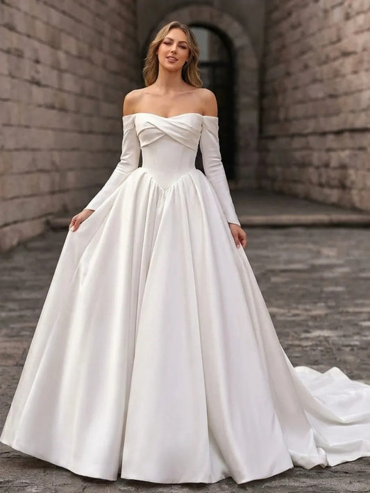 Elegant Ball Gown Off Shoulder Long Sleeve Fitted Back Floor Length Wedding Dress
