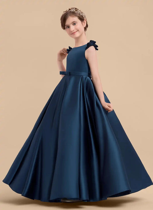 Elegant A-Line Boat Neck Flutter Sleeve V-Back Floor Length Communion Dress