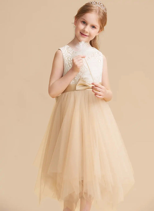 Elegant A Line Round Neck Sleeveless V Back Tea Length Flower Girl Dress