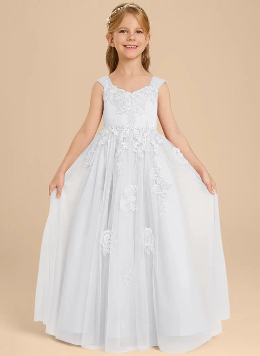 Elegant A?Line V?Neck Sleeveless V?Back Floor?Length Junior Bridesmaid Dress