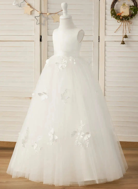 Dreamy Ball Gown Round Neck Sleeveless V Back Floor Length Flower Girl Dress