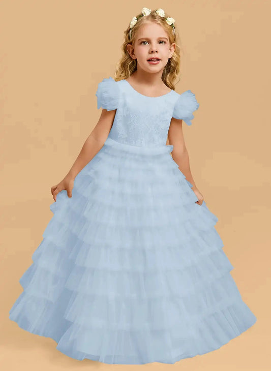 Elegant A?Line Round Neck Puff Sleeve V?Back Floor?Length Flower Girl Dress