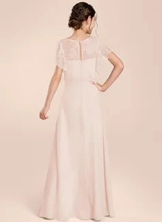 Elegant A?Line Round Neck Flutter Sleeve Keyhole Back Floor?Length Junior Bridesmaid Dress