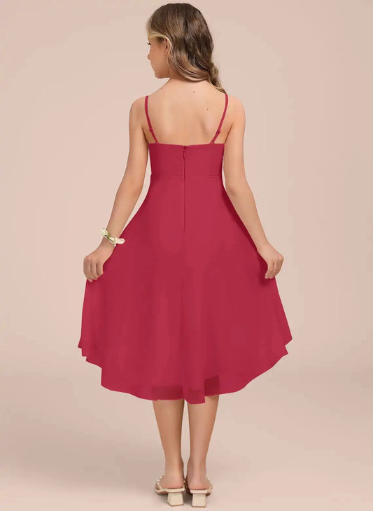 Flowy A-Line V Neck Spaghetti Strap Zipper Back Hi-Lo Junior Bridesmaid Dress