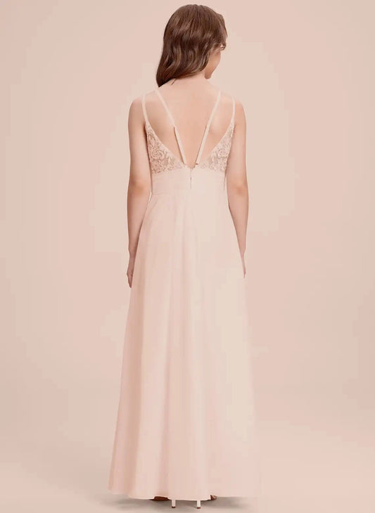 Elegant A?Line V?Neck Sleeveless Lace V?Back Floor?Length Junior Bridesmaid Dress