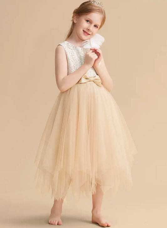 Elegant A Line Round Neck Sleeveless V Back Tea Length Flower Girl Dress