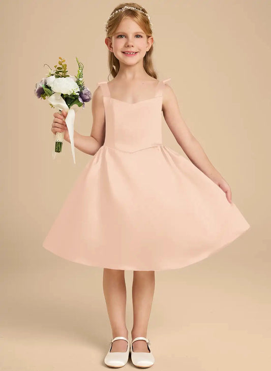 Satin A-Line Sweetheart Spaghetti Strap Square Back Knee-Length Flower Girl Dress