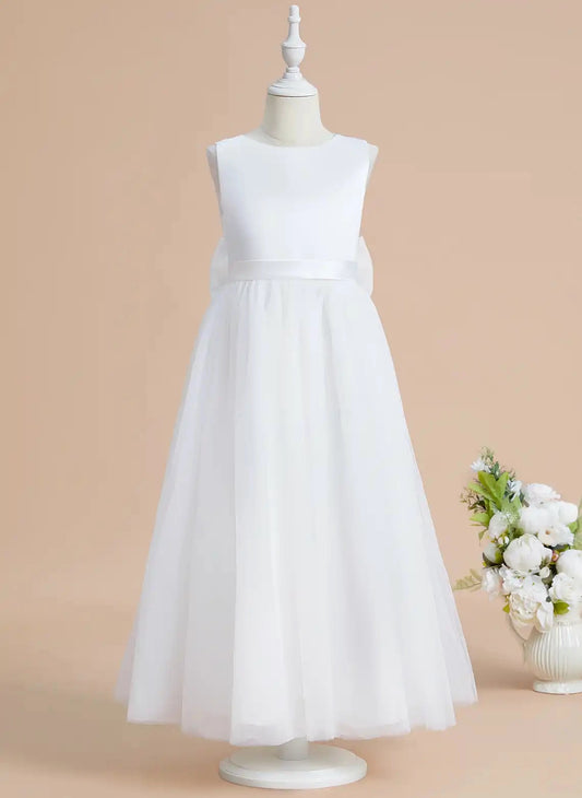 Elegant A?Line Round Neck Sleeveless Lace Bow Back Ankle?Length First Communion Dress