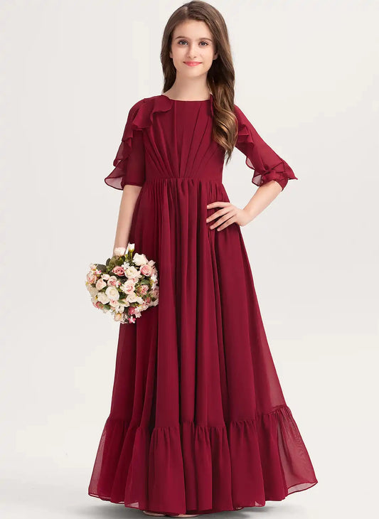 Elegant A?Line Round Neck Ruffle Sleeve Zipper Back Maxi Junior Bridesmaid Dress