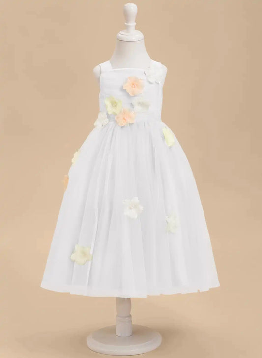 Charming A Line Square Neck Sleeveless Bow Back Tea Length Flower Girl Dress