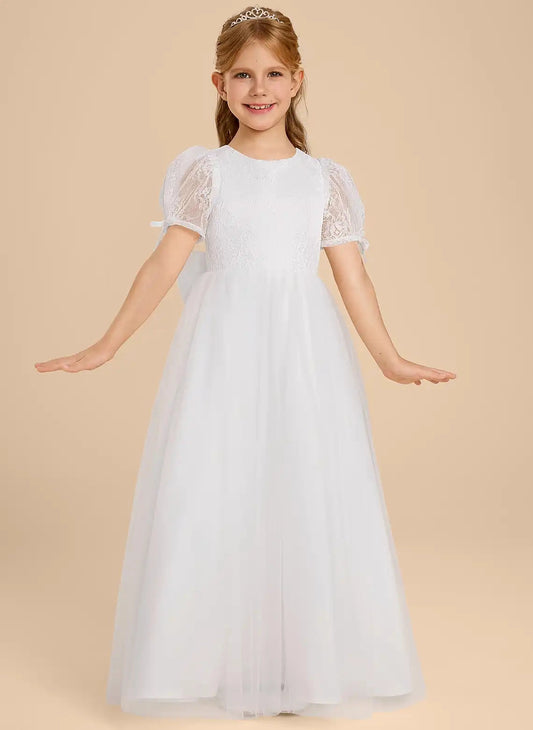 Elegant A?Line Round Neck Puff Short Sleeve Big Bow Back Floor?Length Flower Girl Dress