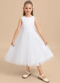 Elegant A Line Round Neck Sleeveless V Back Midi Flower Girl Dress