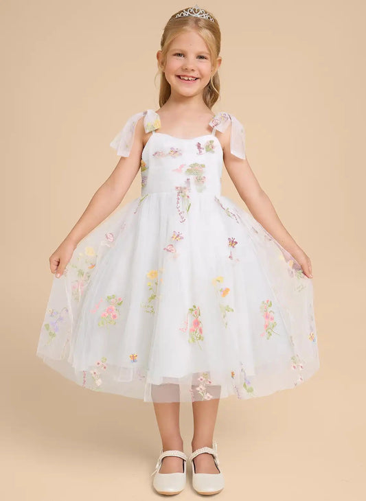 Colorful Embroidered A?Line Sweetheart Spaghetti Strap Flutter Sleeve Open Back Midi Flower Girl Dress
