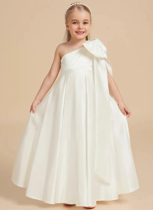 Elegant A?Line One?Shoulder Sleeveless Open?Back Floor?Length Junior Bridesmaid Dress