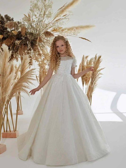 White Lace Ball Gown Sheer Neck Short Sleeve Cutout Back Train Flower Girl Dress