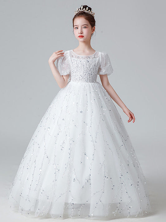 Sparkling Ball Gown Round Neck Puff Sleeve Zip Back Communion Dress