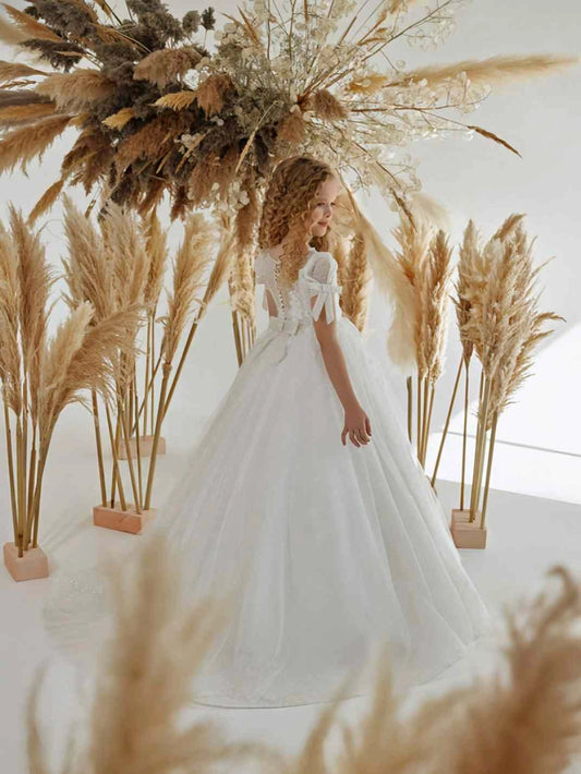 White Lace Ball Gown Sheer Neck Short Sleeve Cutout Back Train Flower Girl Dress