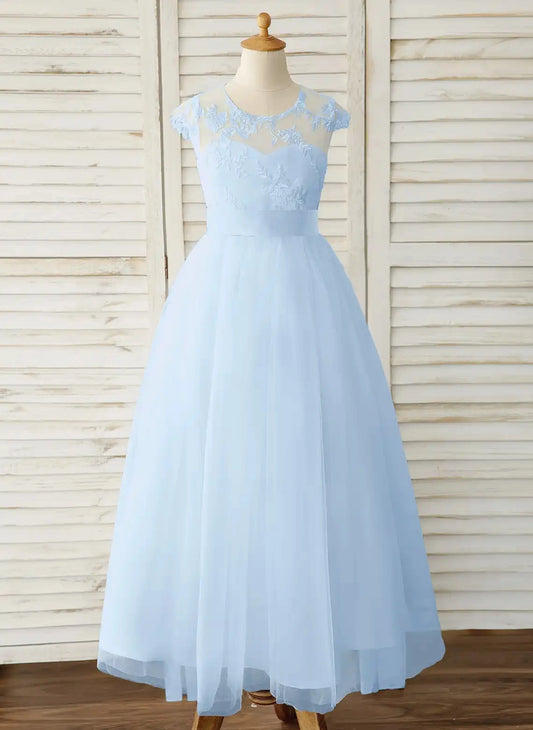 Elegant A-Line Illusion Neck Cap Sleeve Zipper Back Ankle Length First Communion Dress